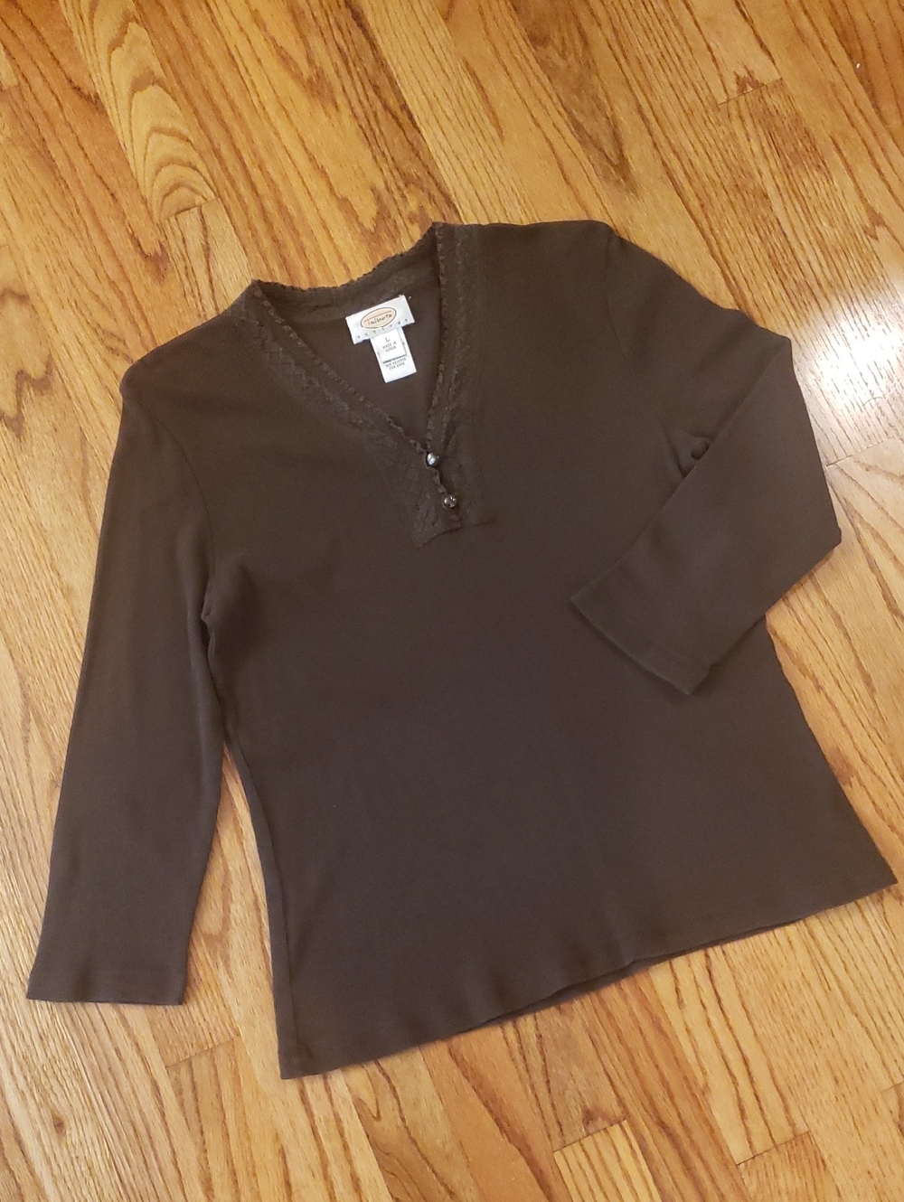 Talbots Dark Brown 3/4-length Sleeve V-Neck Knit Top Size: LP